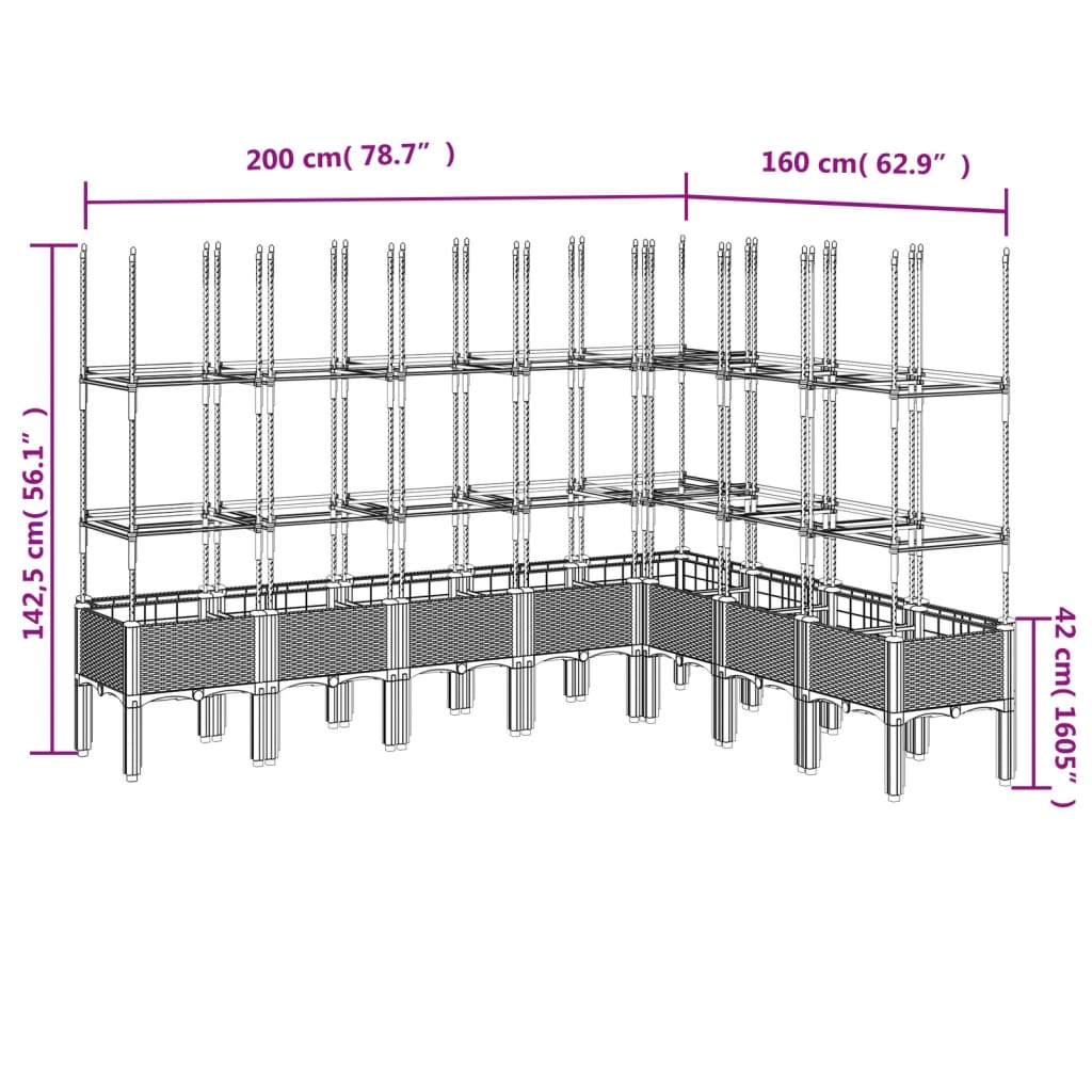 vidaXL Vaso/floreira jardim c/ treliça 200x160x142,5 cm PP cinza-claro