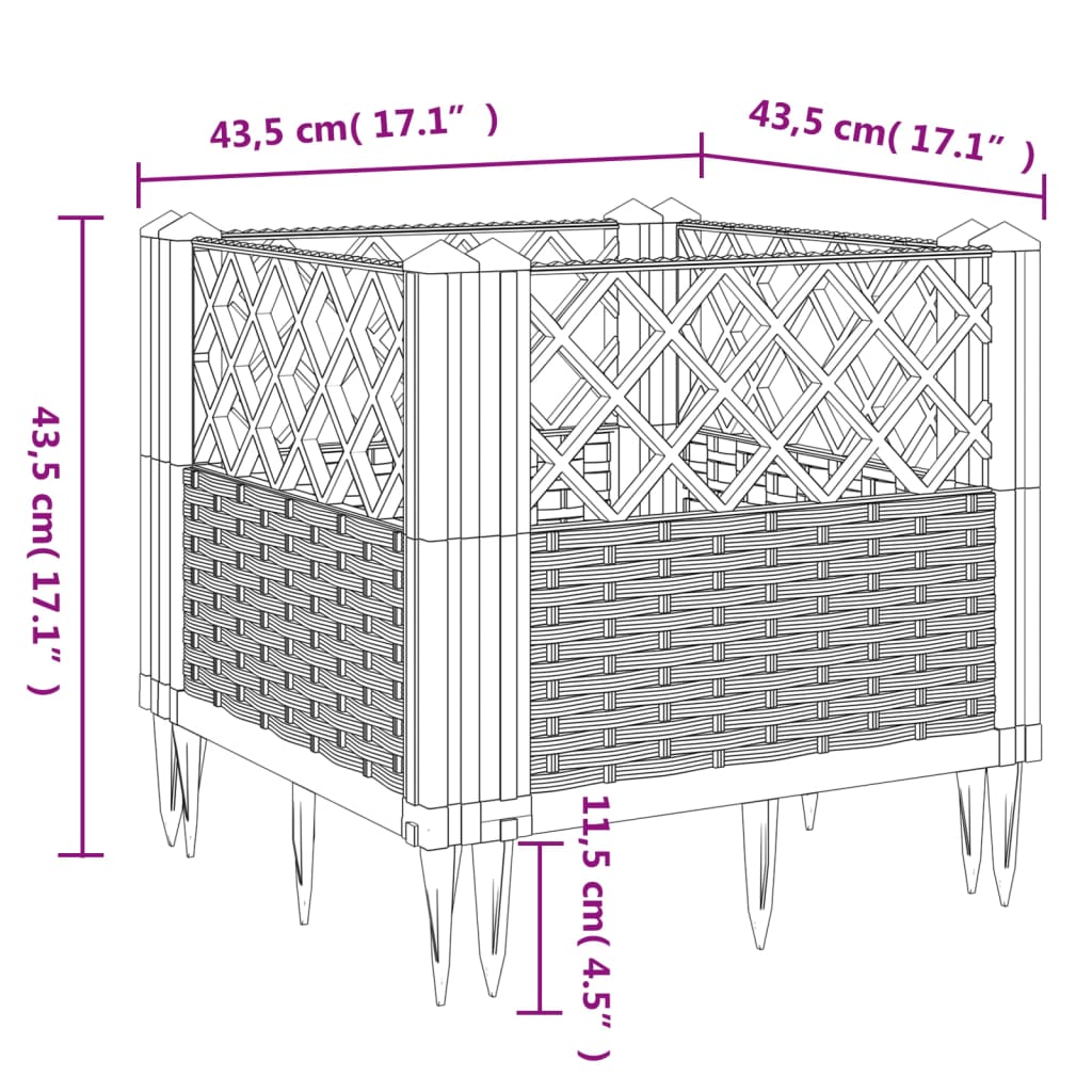 vidaXL Vaso/floreira jardim c/ estacas 43,5x43,5x43,5cm PP cinza-claro