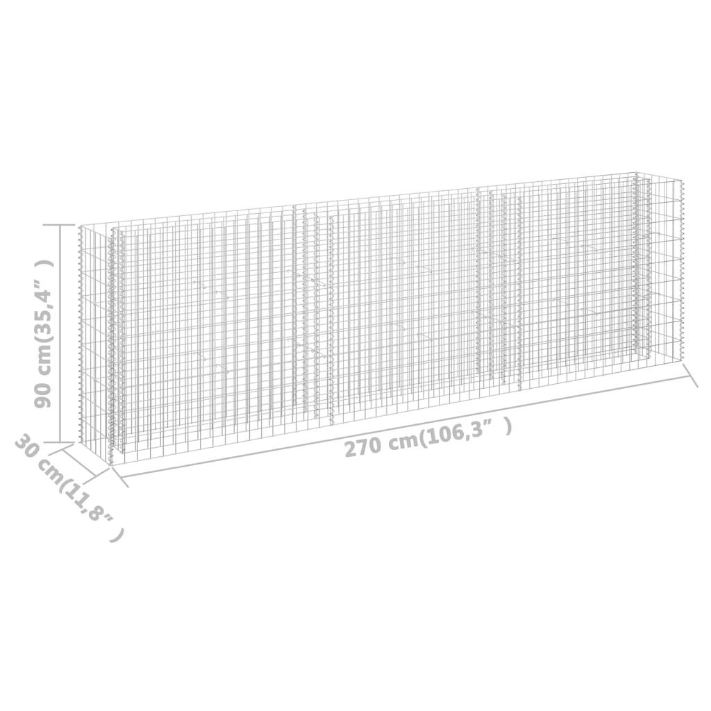 vidaXL Canteiro elevado/cesto gabião 270x30x90 cm aço galvanizado