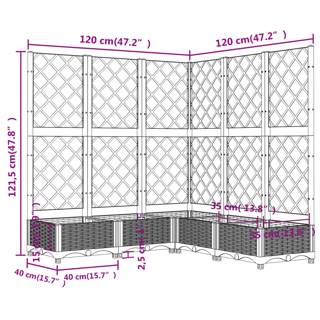 vidaXL Vaso/floreira jardim c/ treliça 120x120x121,5 cm PP branco