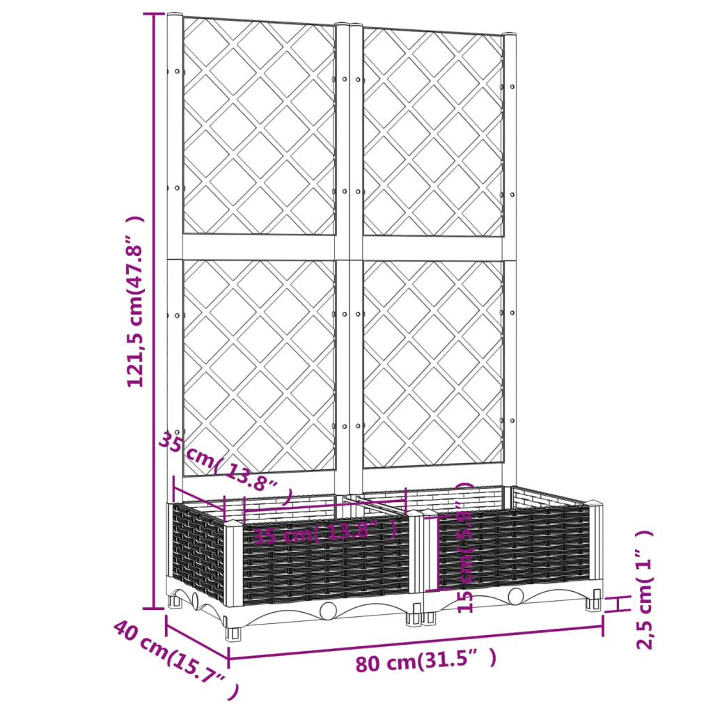 vidaXL Vaso/floreira jardim c/ treliça 80x40x121,5 cm PP cinza-escuro