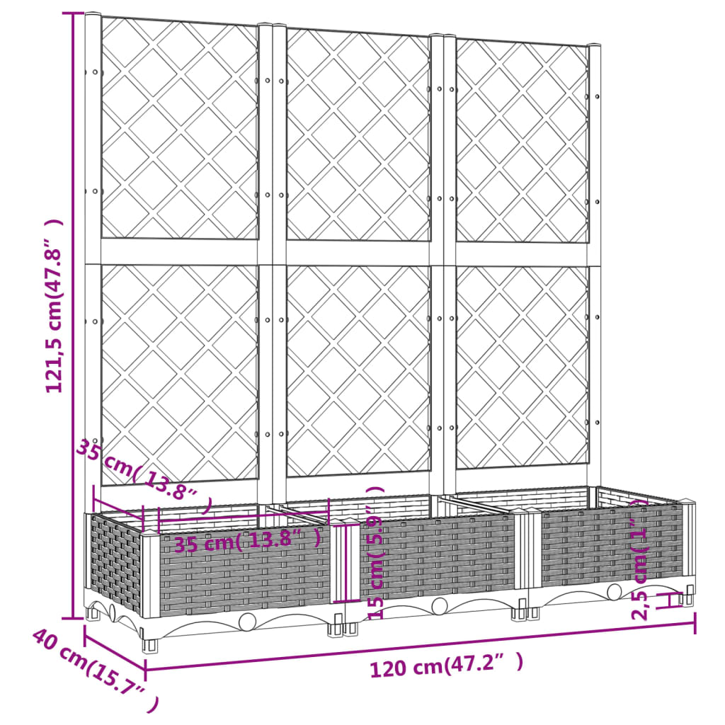 vidaXL Vaso/floreira jardim c/ treliça 120x40x121,5 cm PP cinza-escuro