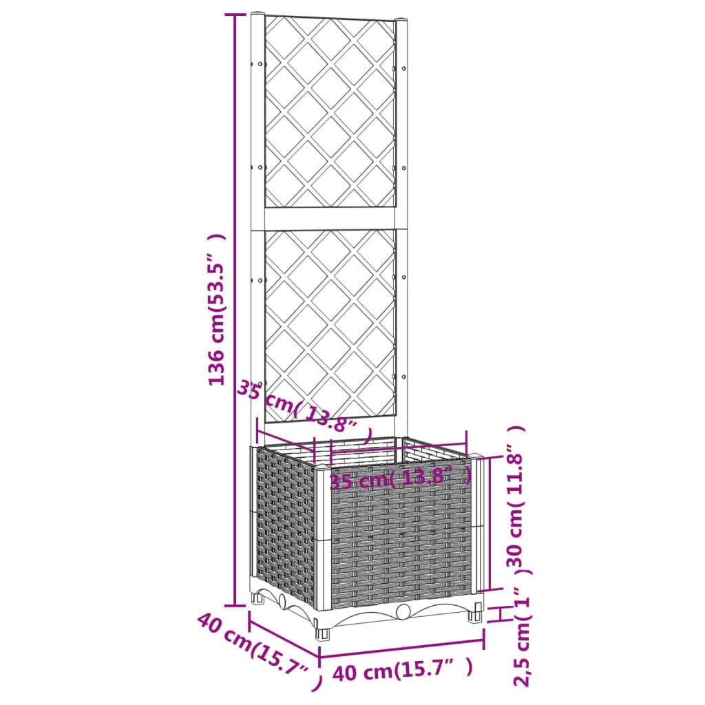 vidaXL Vaso/floreira jardim c/ treliça 40x40x136 cm PP cinzento-claro