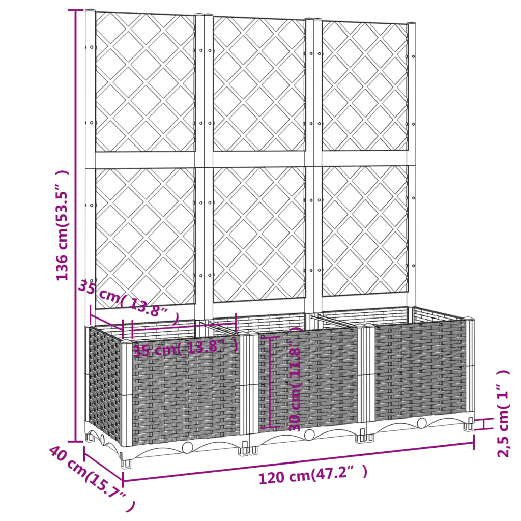 vidaXL Vaso/floreira jardim c/ treliça 120x40x136 cm PP preto