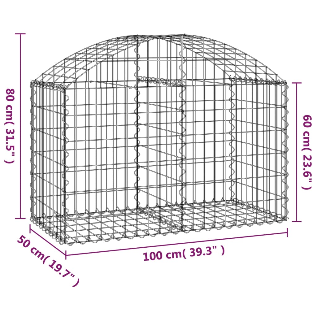 vidaXL Cesto gabião arqueado 100x50x60/80 cm ferro galvanizado