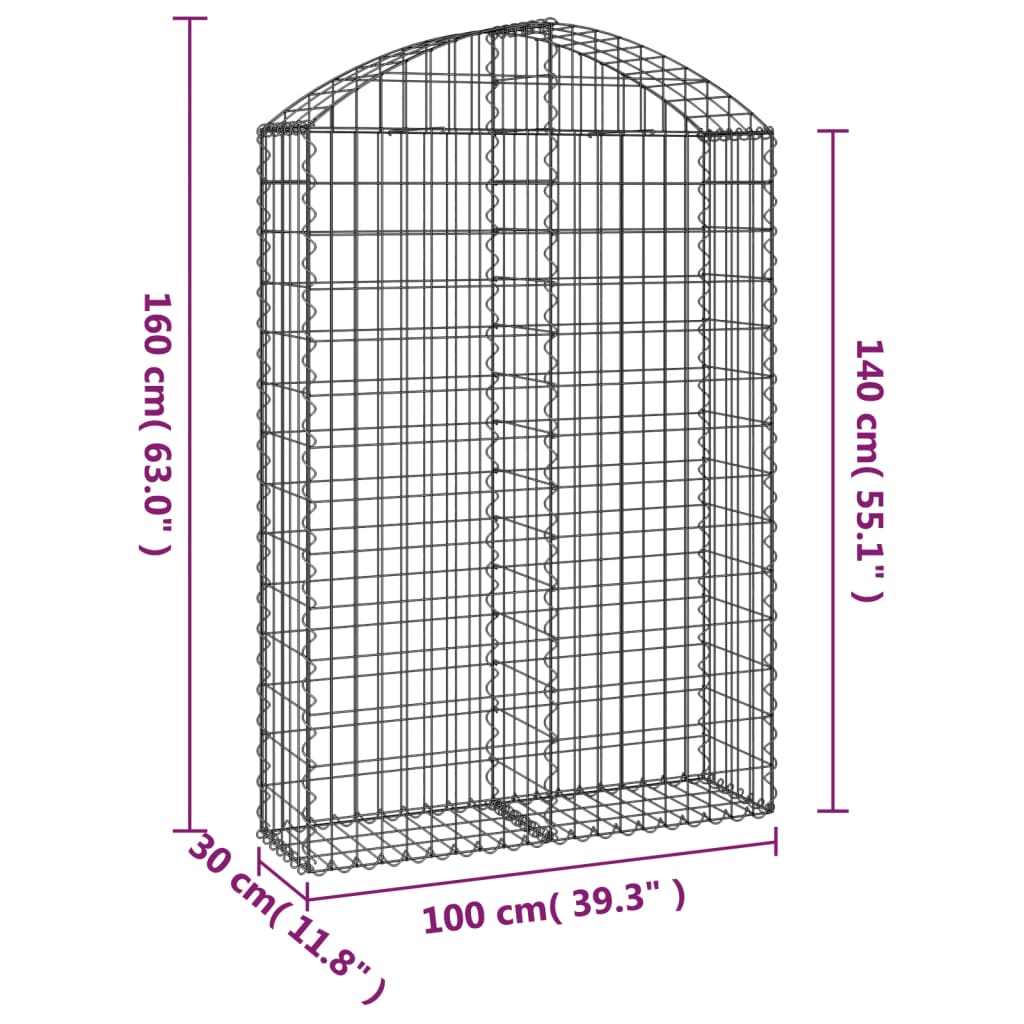 vidaXL Cesto gabião arqueado 100x30x140/160 cm ferro galvanizado