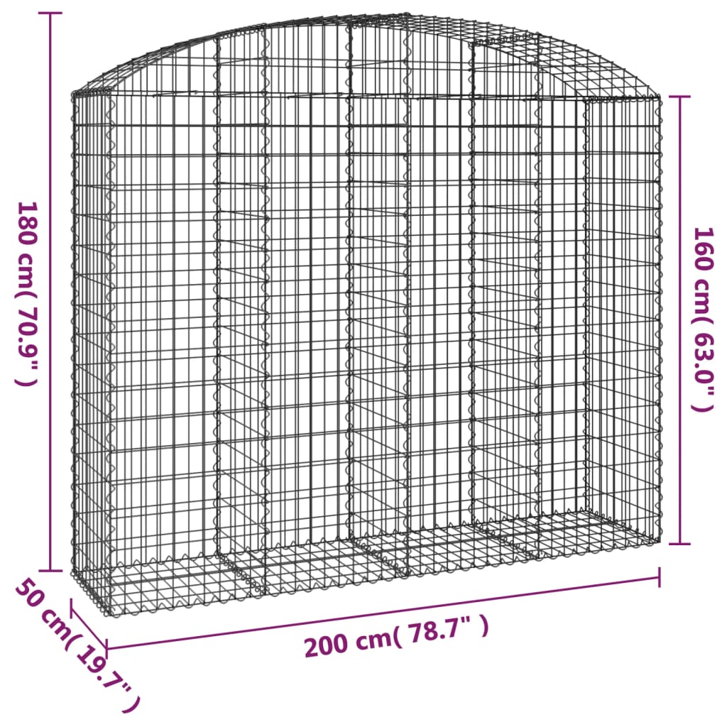 vidaXL Cesto gabião arqueado 200x50x160/180 cm ferro galvanizado