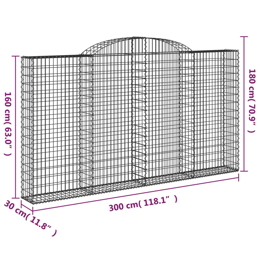 vidaXL Cesto gabião arqueado 300x30x160/180 cm ferro galvanizado