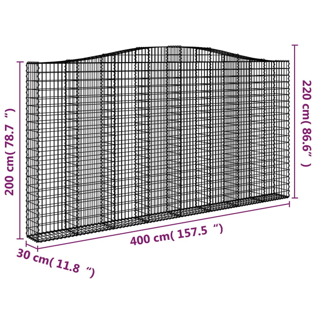 vidaXL Cesto gabião arqueado 400x30x200/220 cm ferro galvanizado