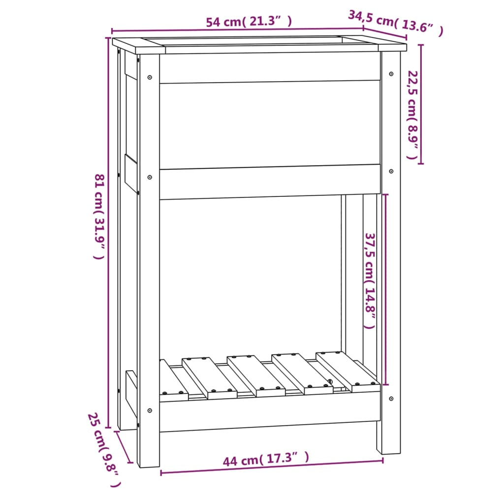 vidaXL Vaso/floreira com prateleira 54x34,5x81 cm pinho maciço preto