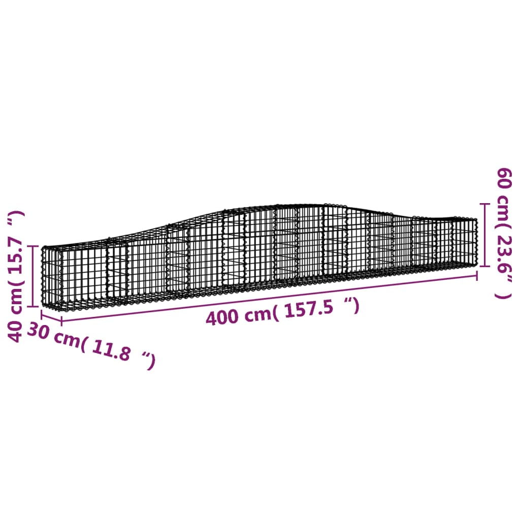 vidaXL Cestos gabião arqueados 3 pcs 400x30x40/60 cm ferro galvanizado