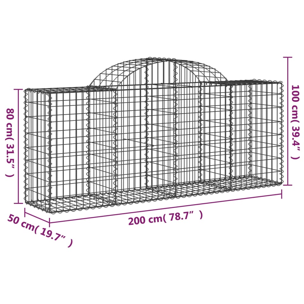 vidaXL Cestos gabião arqueados 3 pcs 200x50x80/100cm ferro galvanizado