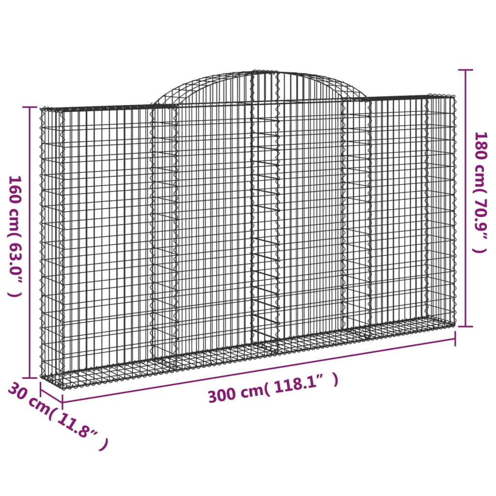 vidaXL Cestos gabião arqueados 8pcs 300x30x160/180cm ferro galvanizado