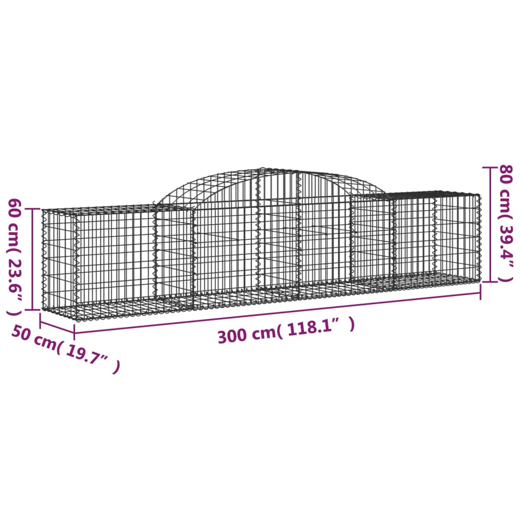 vidaXL Cestos gabião arqueados 3 pcs 300x50x60/80 cm ferro galvanizado