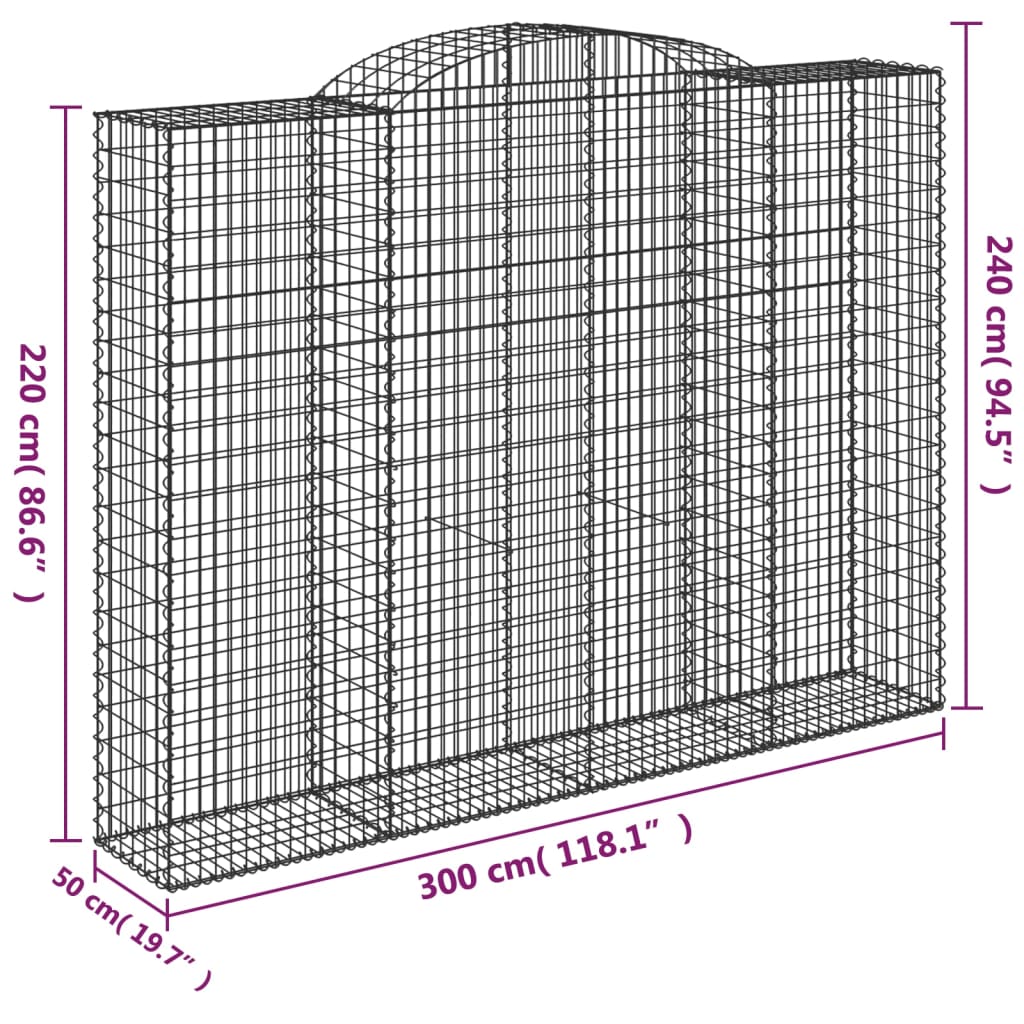 vidaXL Cestos gabião arqueados 3pcs 300x50x220/240cm ferro galvanizado