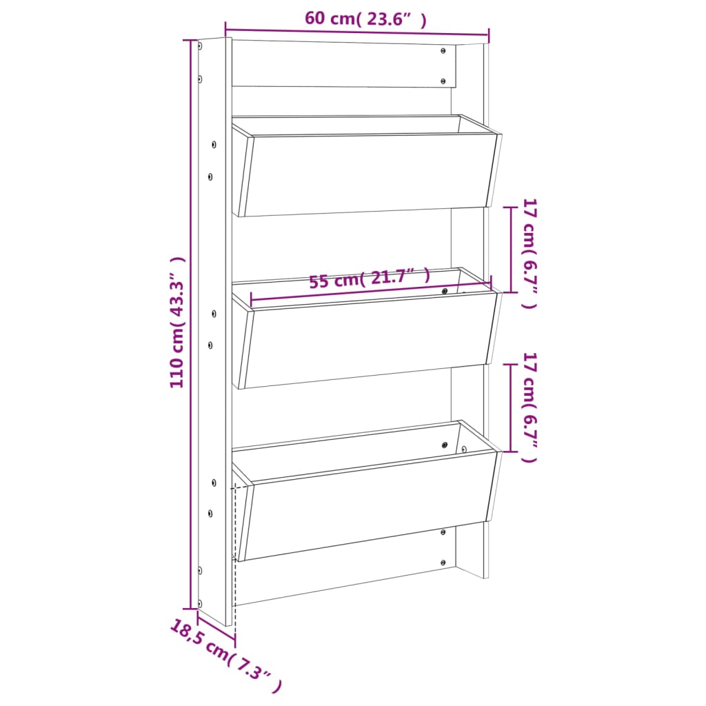 vidaXL Floreira parede c/ 3 caixas 60x18,5x110 cm pinho maciço branco