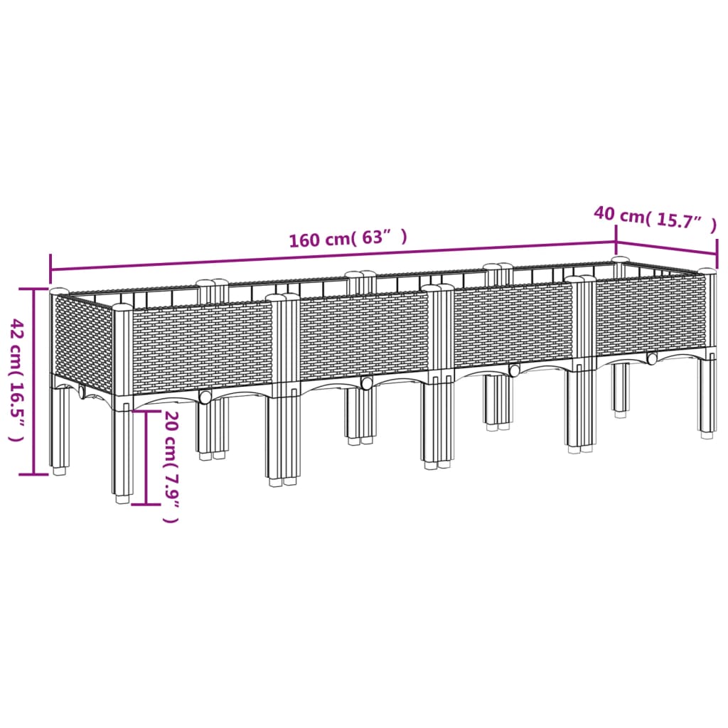 vidaXL Vaso/floreira de jardim c/ pernas 160x40x42 cm PP cinzento