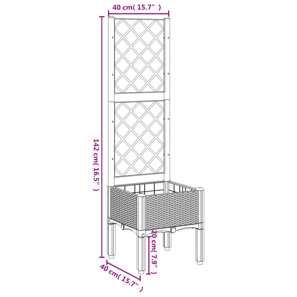 vidaXL Vaso/floreira de jardim c/ treliça 40x40x142 cm PP castanho