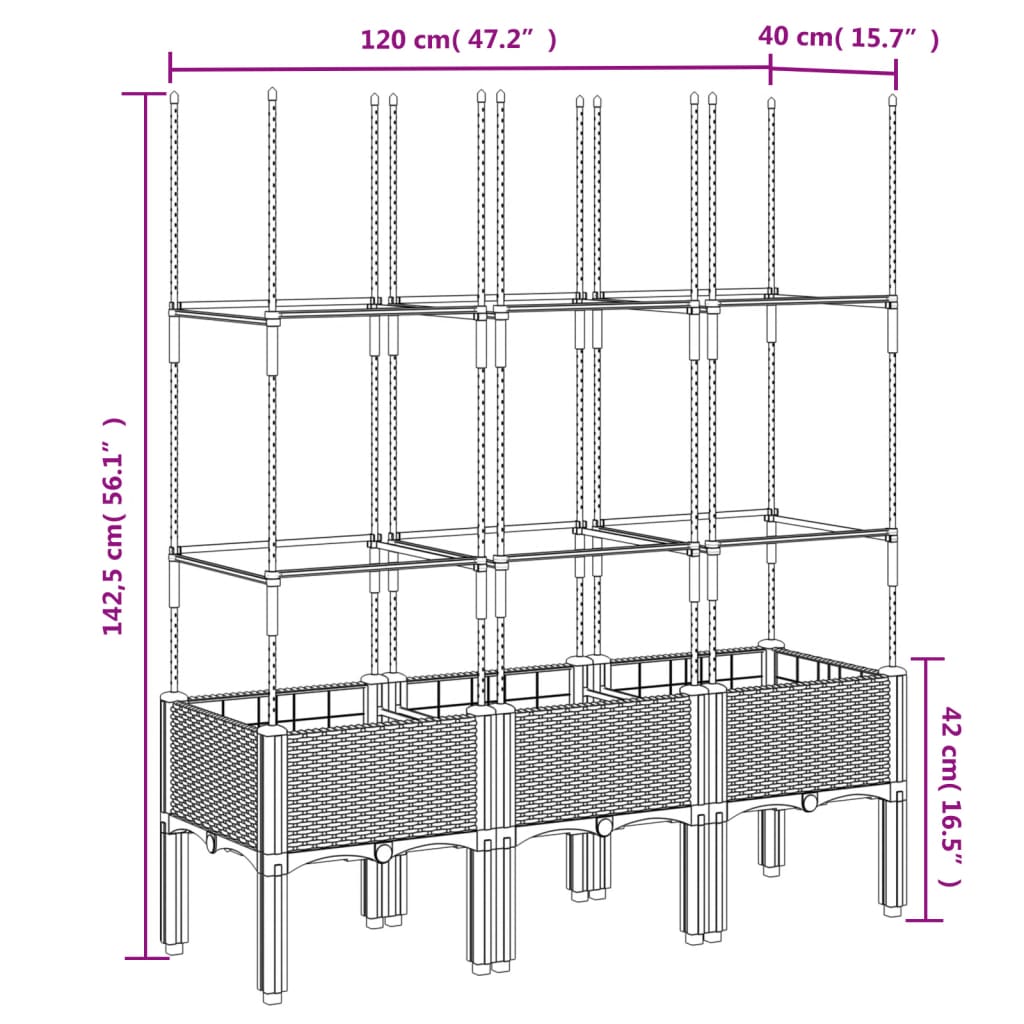 vidaXL Vaso/floreira jardim c/treliça 120x40x142,5cm PP cinzento-claro