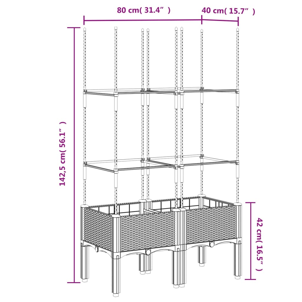 vidaXL Vaso/floreira de jardim c/ treliça 80x40x142,5 cm PP castanho