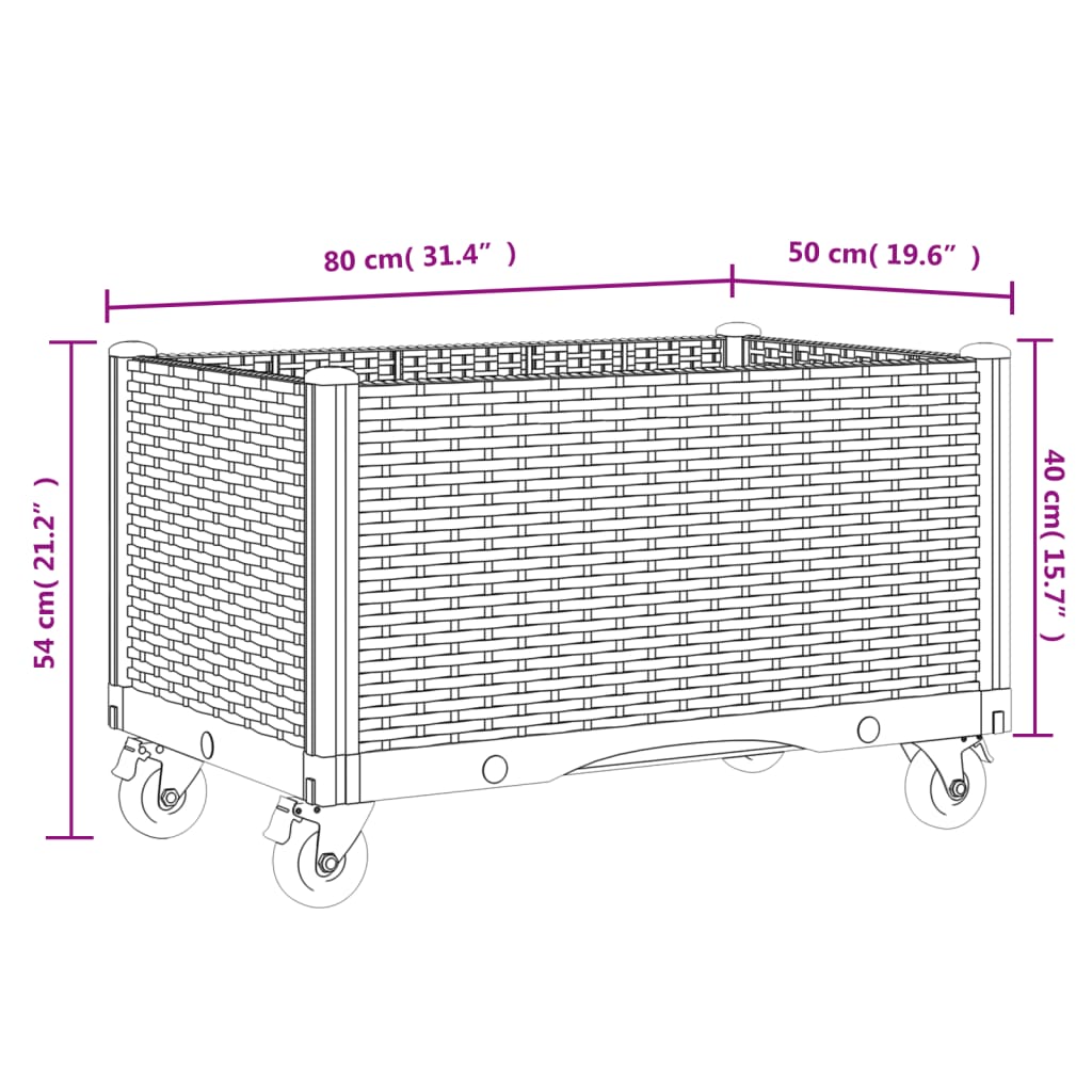 vidaXL Vaso/floreira de jardim c/ rodas 80x50x54 cm PP cinzento-claro