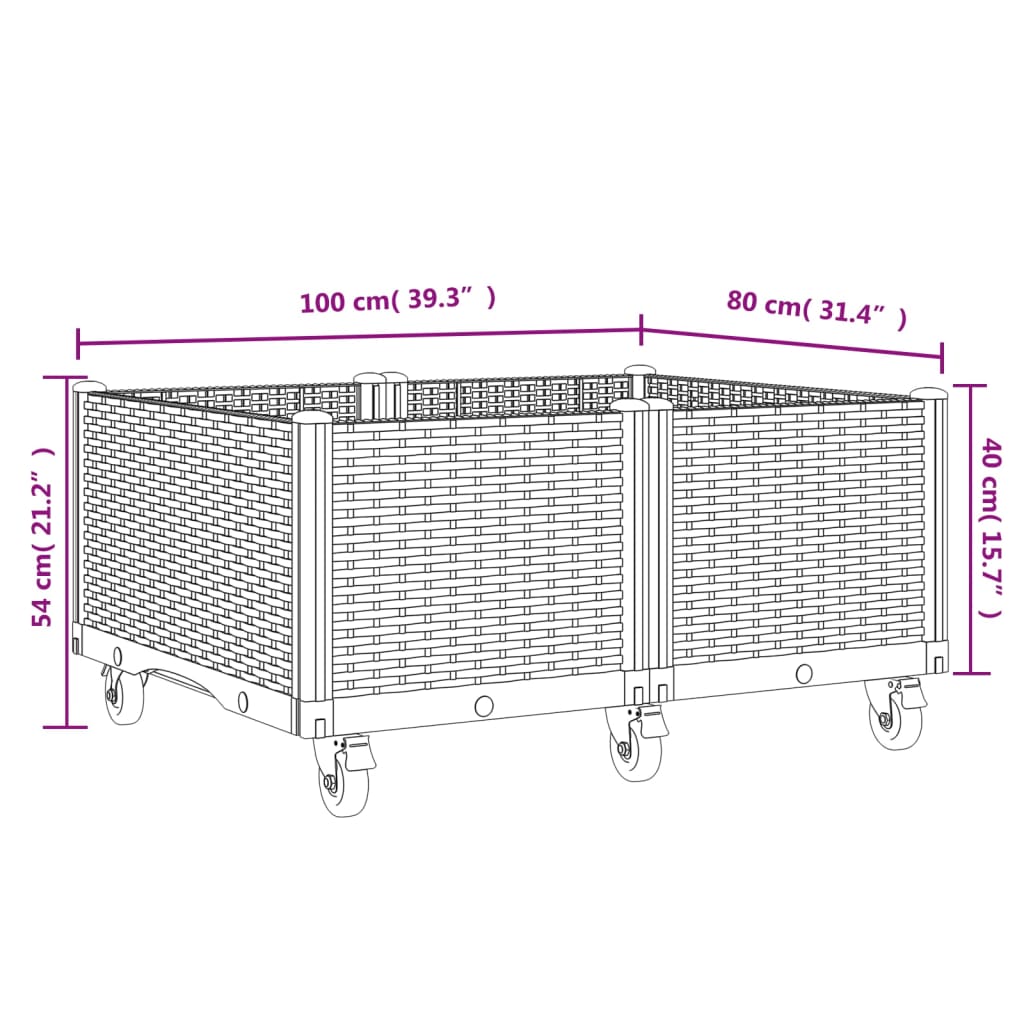 vidaXL Vaso/floreira de jardim c/ rodas 100x80x54 cm PP castanho