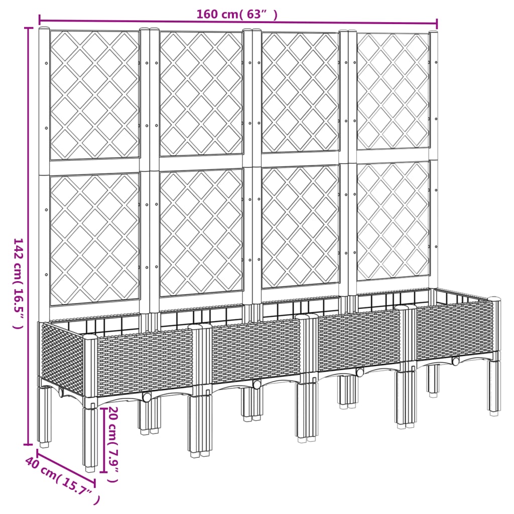 vidaXL Vaso/floreira de jardim c/ treliça 160x40x142 cm PP branco