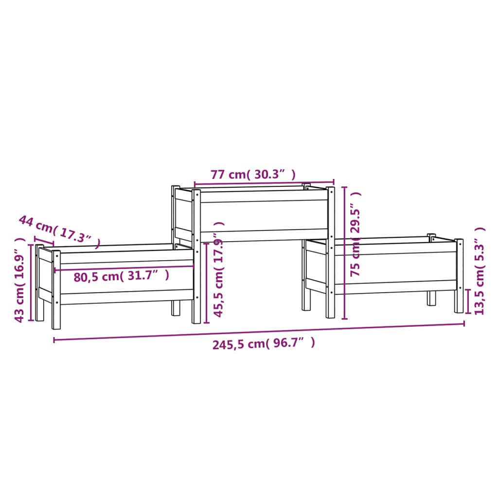 vidaXL Vaso/floreira 245,5x44x75 cm pinho maciço