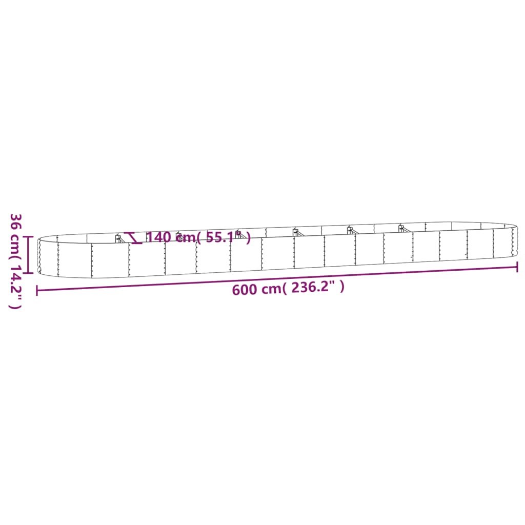 vidaXL Canteiro elevado jardim 600x140x36 aço revestido a pó prateado