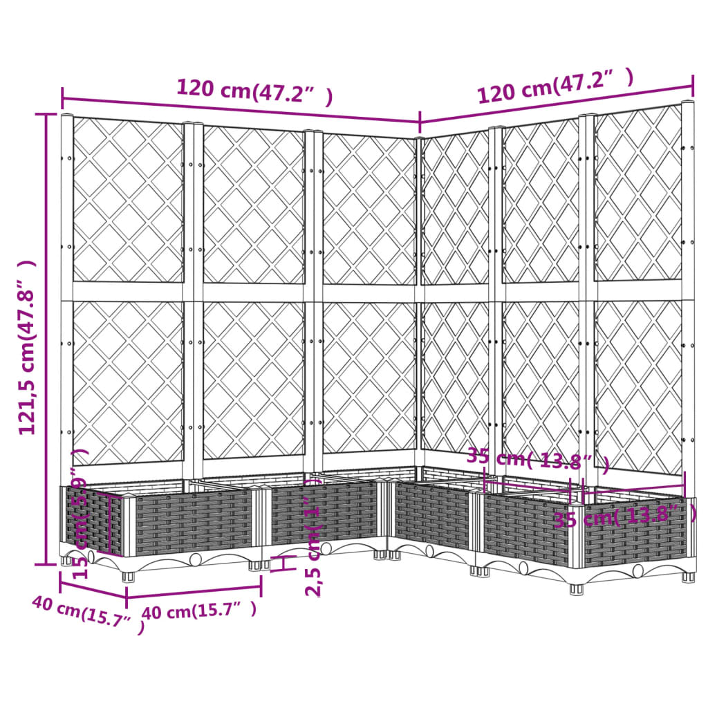 vidaXL Vaso/floreira jardim c/ treliça 120x120x121,5 cm PP preto