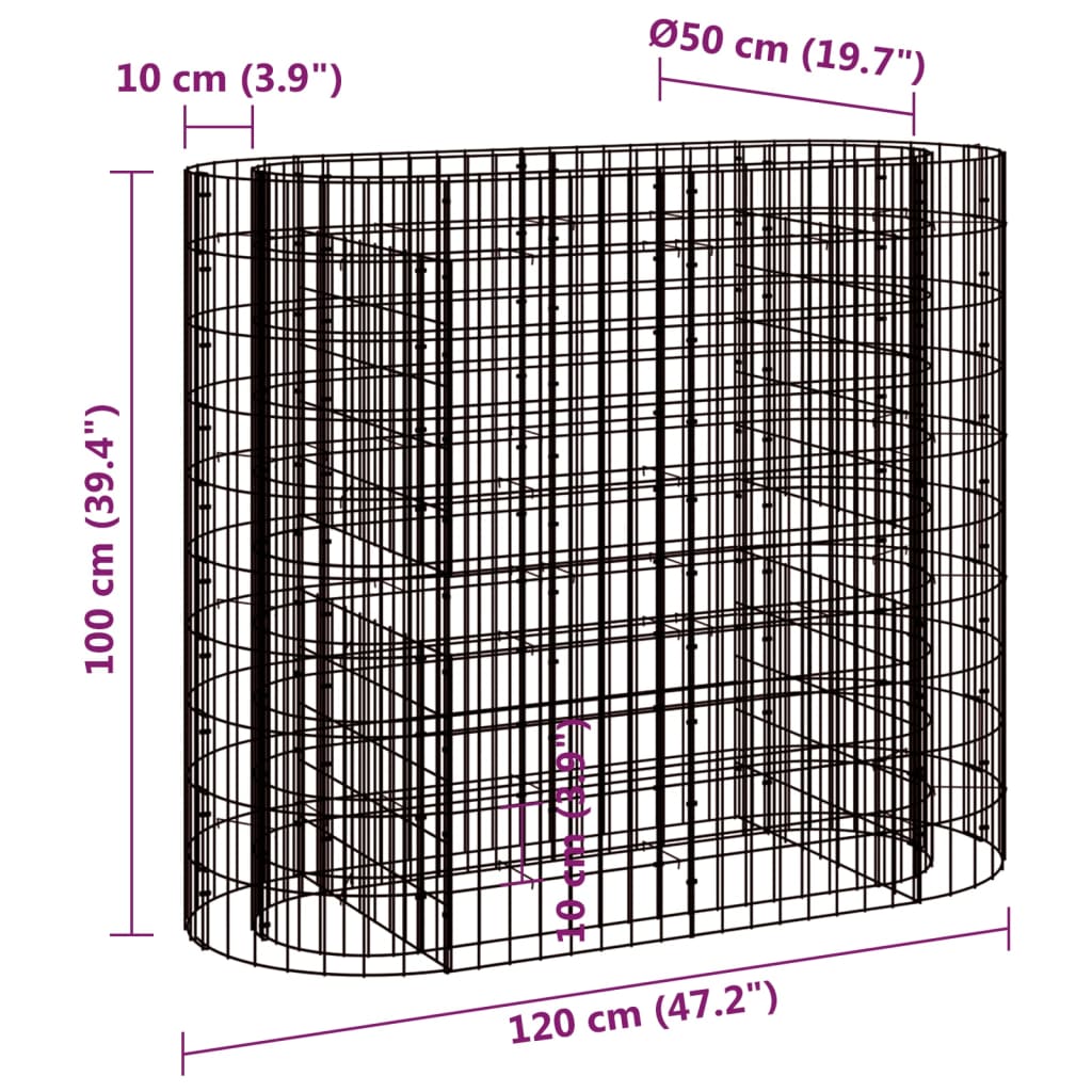 vidaXL Canteiro elevado/cesto gabião 120x50x100 cm ferro galvanizado