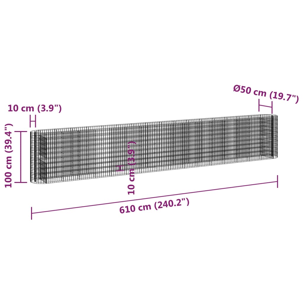 vidaXL Canteiro elevado/cesto gabião 310x50x100 cm ferro galvanizado