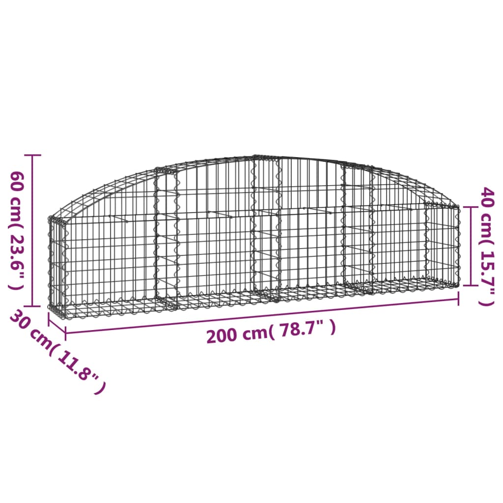 vidaXL Cesto gabião arqueado 200x30x40/60 cm ferro galvanizado