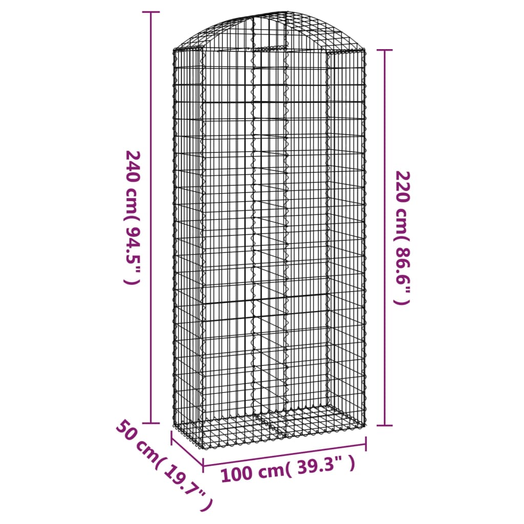 vidaXL Cesto gabião arqueado 100x50x220/240 cm ferro galvanizado