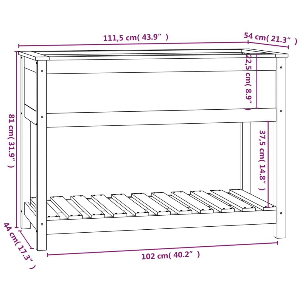 vidaXL Vaso/floreira com prateleira 111,5x54x81 cm pinho maciço