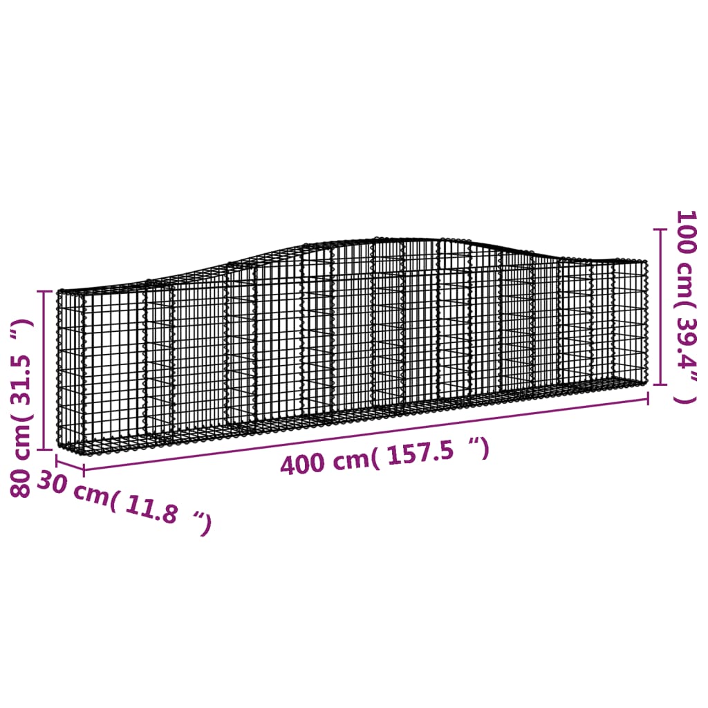 vidaXL Cestos gabião arqueados 3 pcs 400x30x80/100cm ferro galvanizado