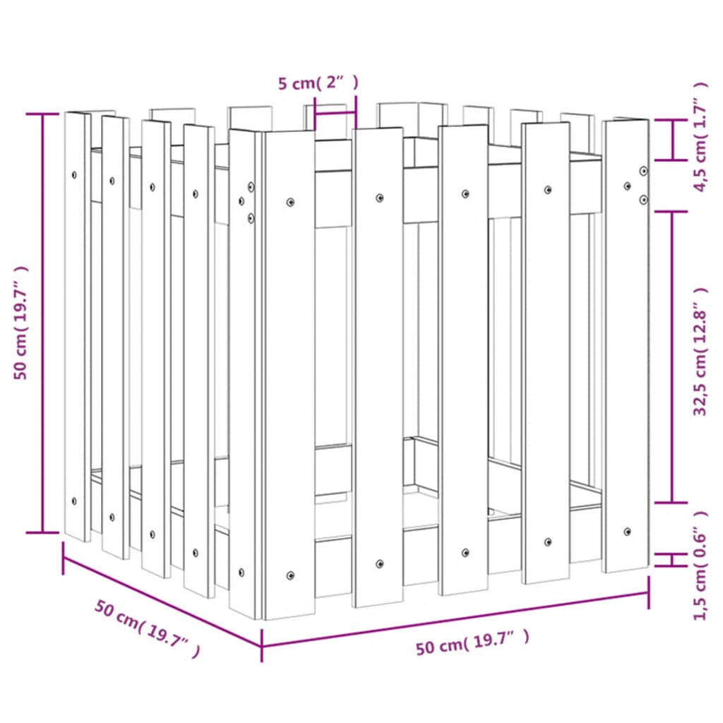 vidaXL Vaso de jardim c/ design cerca 50x50x50 cm pinho maciço branco