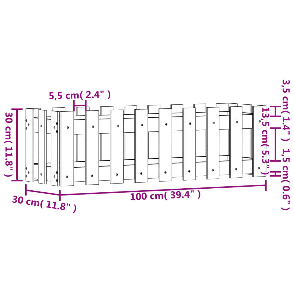 vidaXL Canteiro elevado c/ design de cerca 100x30x30 cm pinho maciço