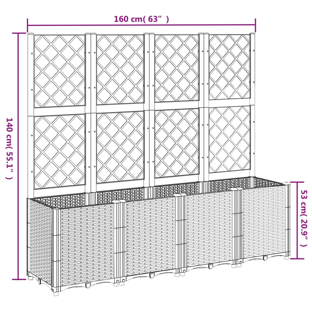 vidaXL Vaso/floreira de jardim c/ treliça 160x40x140 cm PP branco