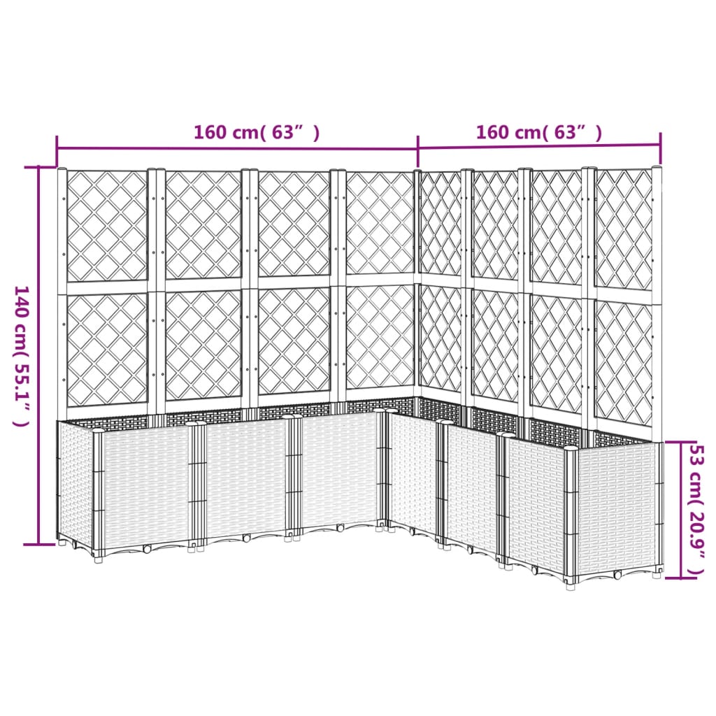 vidaXL Vaso/floreira de jardim c/ treliça 160x160x140 cm PP cinzento