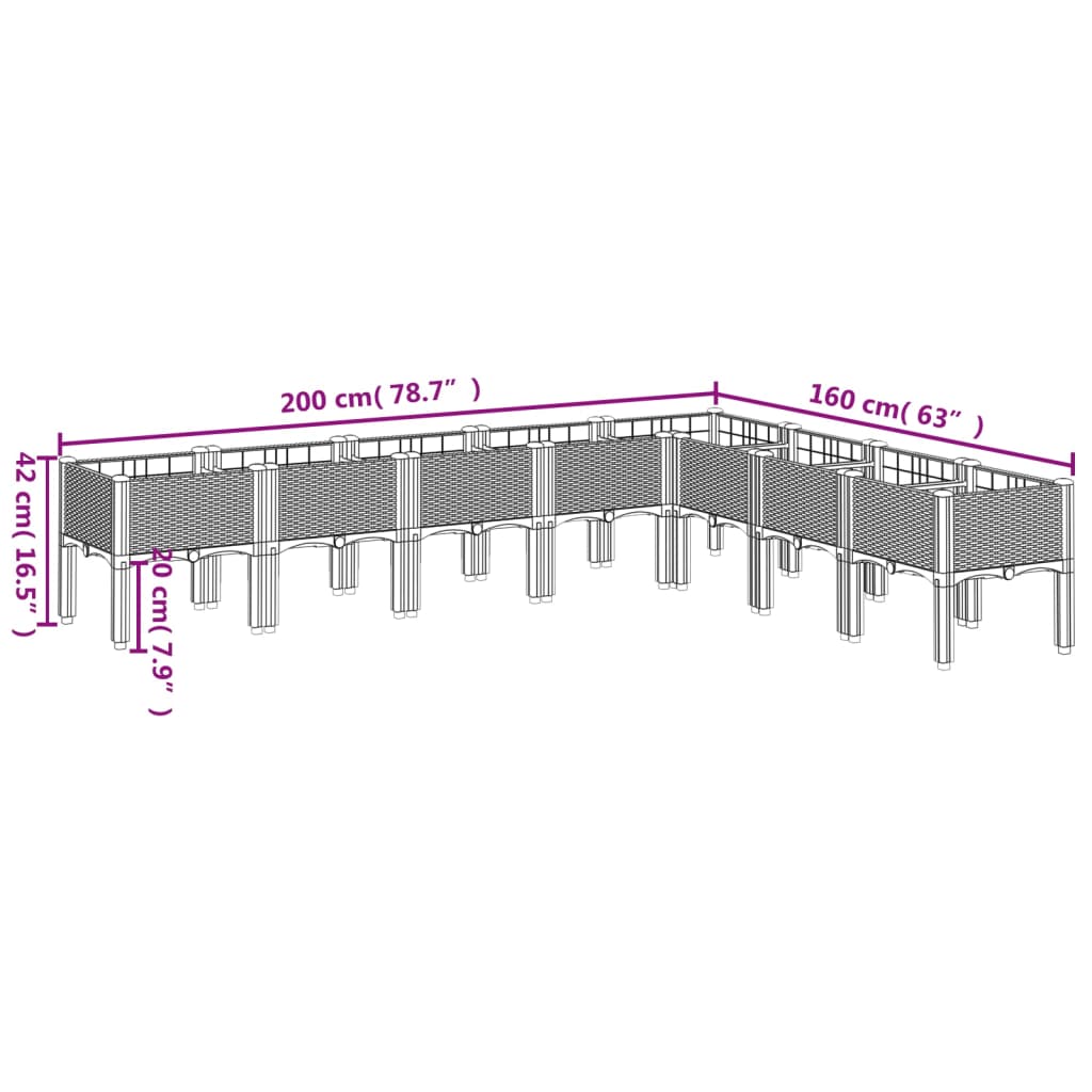 vidaXL Vaso/floreira de jardim c/ pernas 200x160x42 cm PP cinza-claro