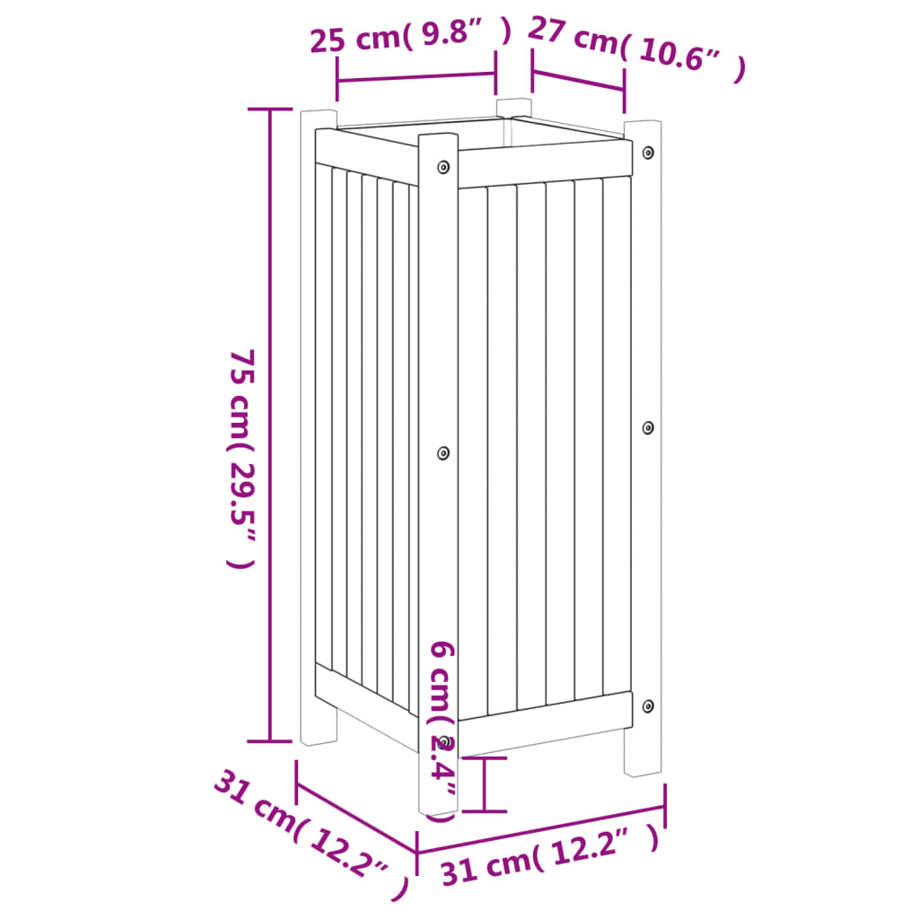 vidaXL Vaso/floreira de jardim com forro 31x31x75 cm acácia maciça