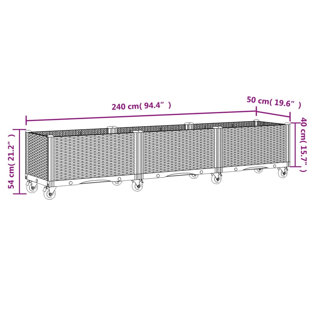 vidaXL Vaso/floreira de jardim com rodas 240x50x54 cm PP castanho