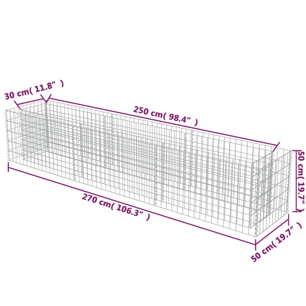 vidaXL Canteiro elevado/cesto gabião 270x50x50 cm aço galvanizado