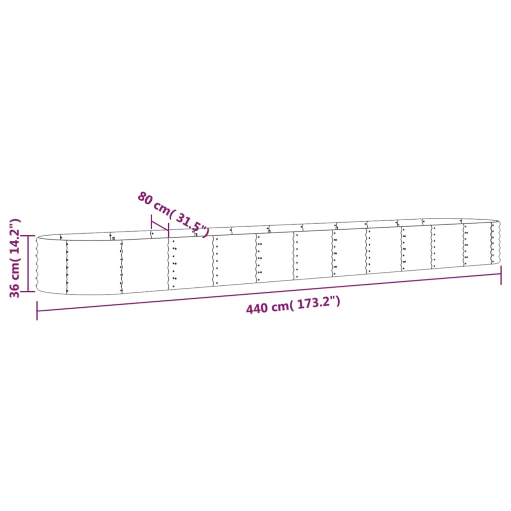 vidaXL Canteiro elevado jardim 440x80x36cm aço revestido a pó cinzento