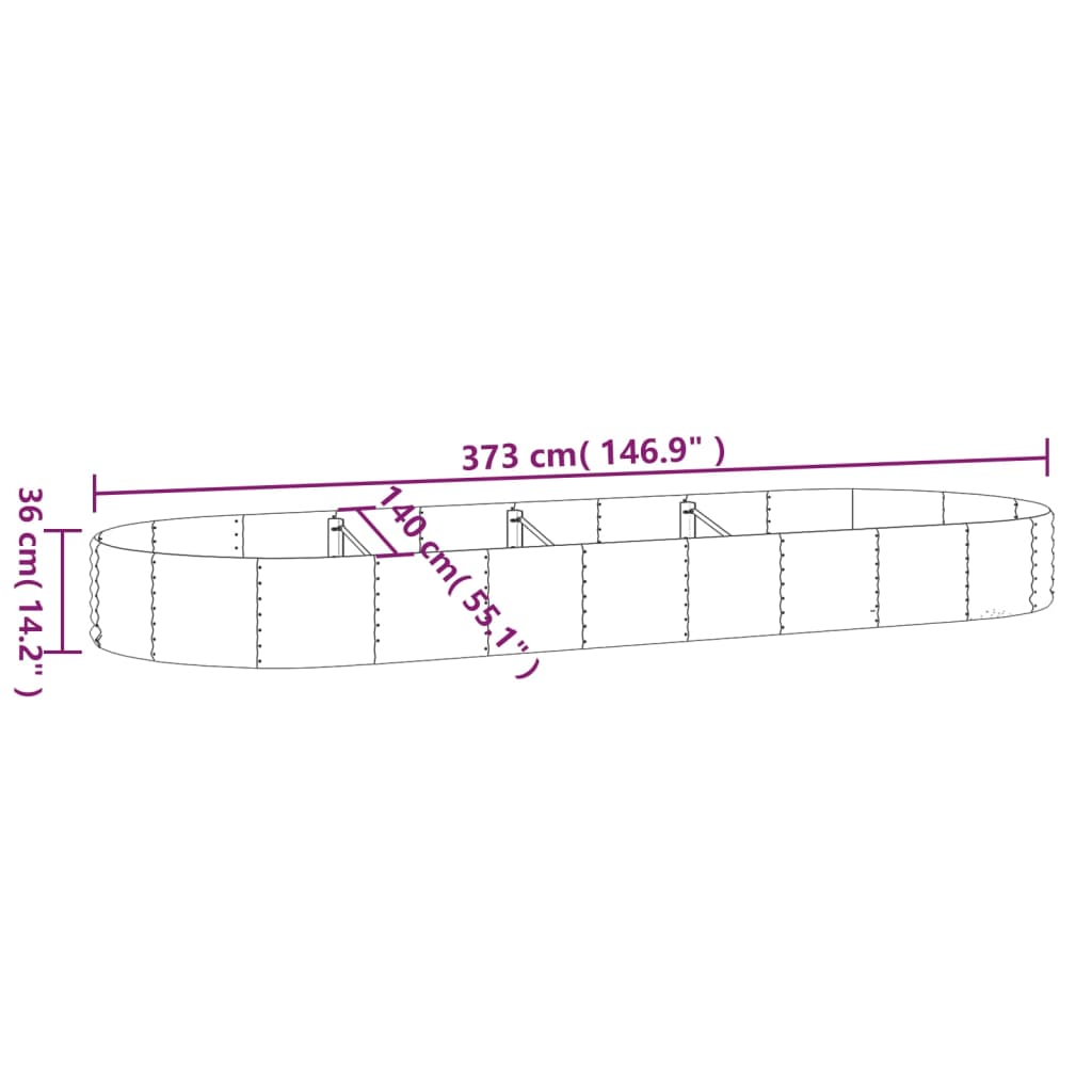 vidaXL Canteiro elevado jardim 373x140x36 aço revestido a pó prateado