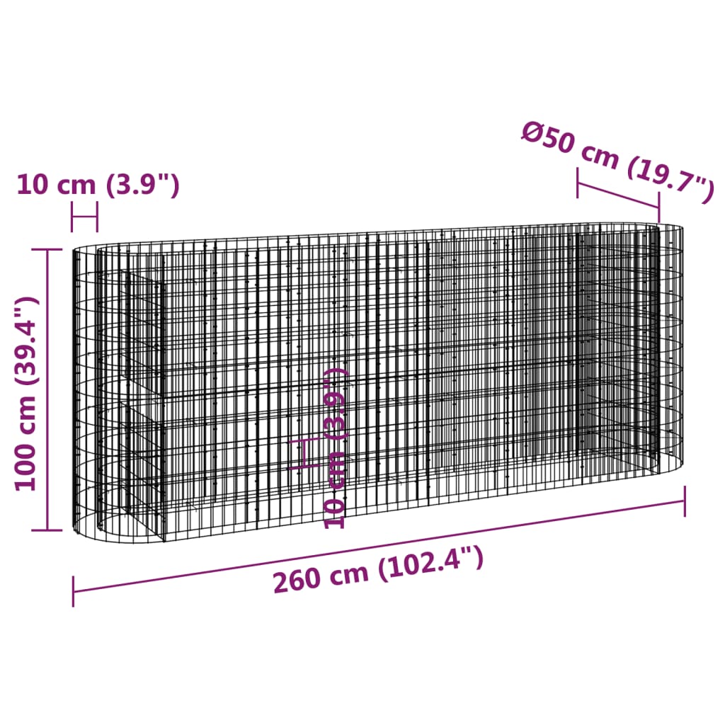 vidaXL Canteiro elevado/cesto gabião 260x50x100 cm ferro galvanizado