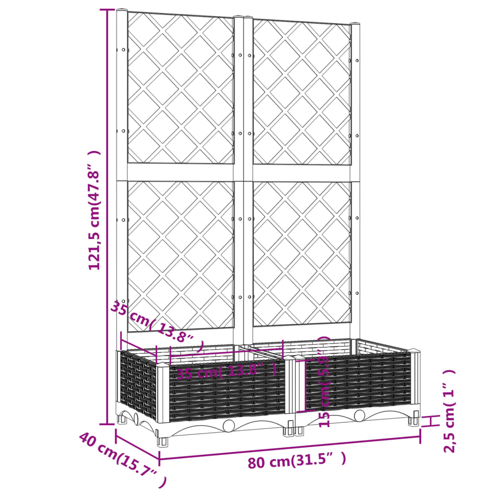 vidaXL Vaso/floreira jardim c/ treliça 80x40x121,5 cm PP cinza-claro