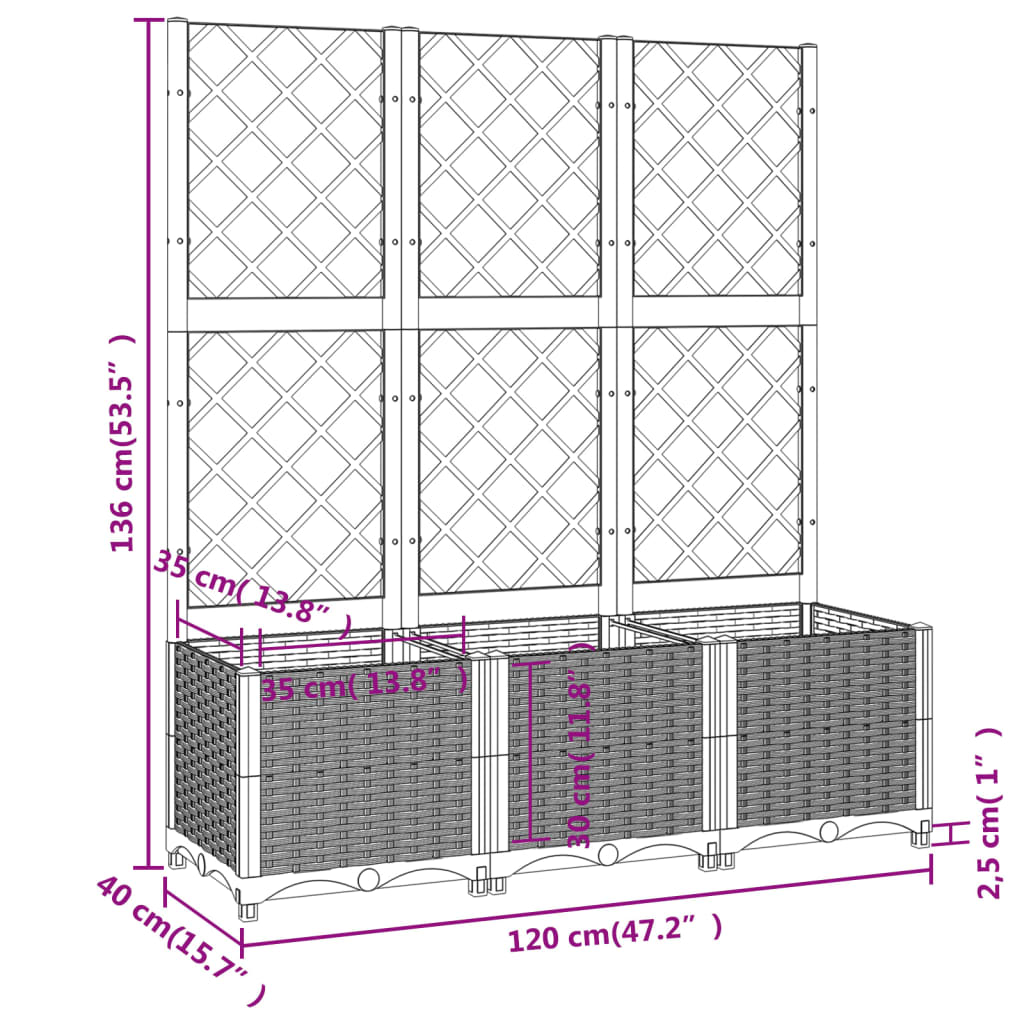 vidaXL Vaso/floreira jardim c/ treliça 120x40x136 cm PP branco