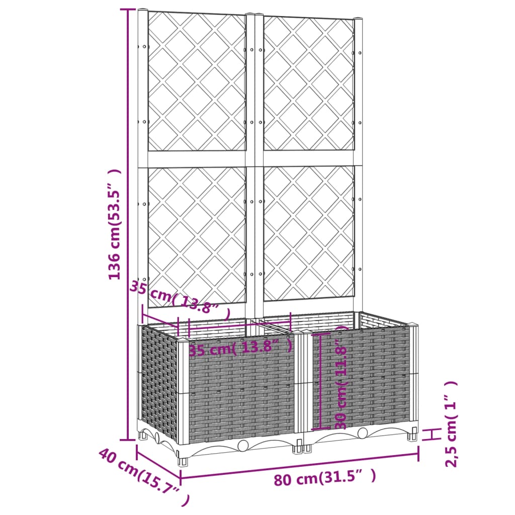 vidaXL Vaso/floreira jardim c/ treliça 80x40x136 cm PP cinza-escuro